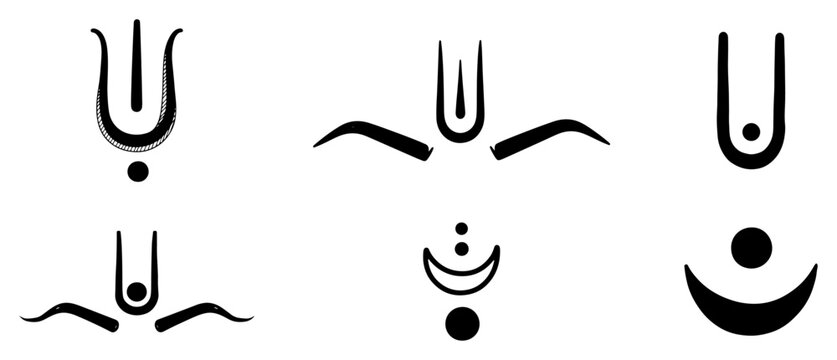 Set of hand drawn Hindu Tilak forehead markings vector illustration of religious symbols for Vaishnavism including Urdhva Pundra and bindi shapes in black and white style