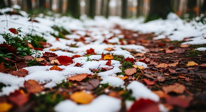 Autumn leaves and pristine snow cover forest path transitioning. - Powered by Adobe