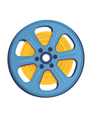 Classic blue film reel with yellow movie tape illustration.