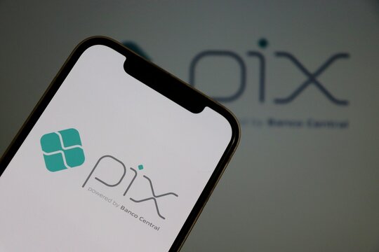 Pix logo on smartphone screen. Brazilian Pix. Central Bank of Brazil. 