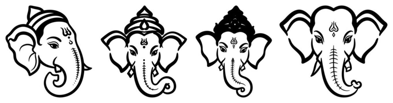 Lord ganesha head icons set hand drawn line art vector illustration