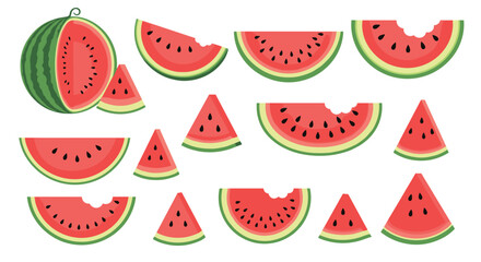 A collection of refreshing watermelon slices and a whole watermelon against a white background.