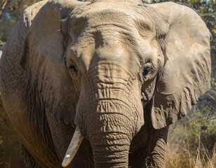 Fototapeta premium Close-up of a large, wrinkly-skinned mammal. The animal's face, ears, and long tusk are in clear focus with a blurred background of trees and light