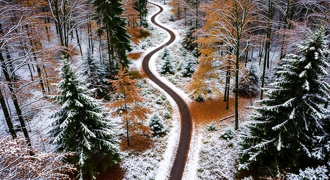 Winding path through forest covered in fresh early snow