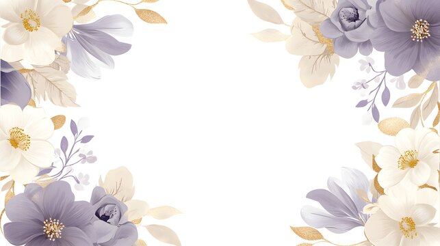 Elegant floral arrangement borders a bright white central space with soft purple and cream blossoms and gold accents