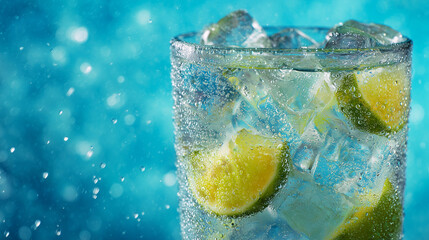 ライムと氷が入った炭酸飲料のクローズアップ、弾ける泡と水しぶきのマクロ撮影