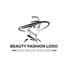 Elegant Beauty Fashion Logo with Woman in Wide-Brim Hat – Minimal Line Art Design