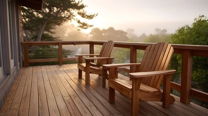 Fototapeta premium Two empty wooden chairs on a deck at golden hour with a foggy landscape