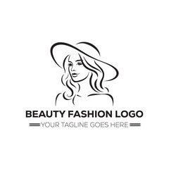 Beauty Fashion Logo with Elegant Woman Line Art Wearing Hat