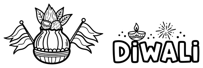 Traditional Diwali festival banner featuring Kalash pot with coconut and Diya lamp line art illustration