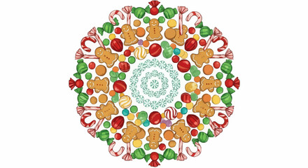Festive christmas mandala with gingerbread men candy canes and wrapped sweets arranged in a circle pattern