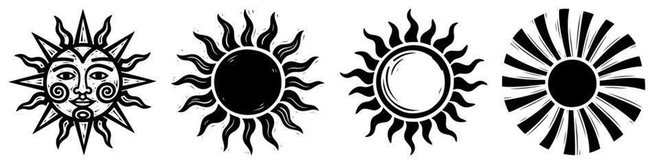 Set of hand drawn Sun and Surya god symbols vector illustration featuring celestial solar icons with faces and rays in retro engraving style