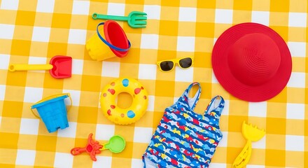 Bright summer essentials for beach vacation fun on gingham.