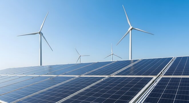 Renewable energy solar panels and wind turbines against a clear blue sky - Powered by Adobe