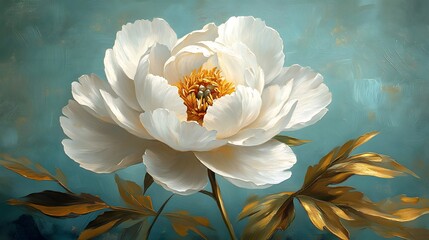 White Peony Oil Painting with Gold Leaves on Teal Textured Background &ndash; Luxury Botanical Wall Art