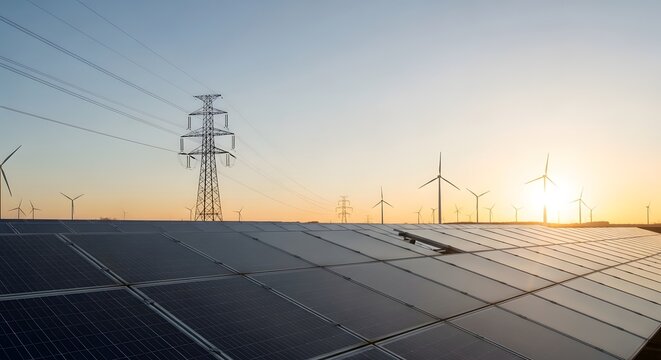 Sustainable energy landscape solar panels wind turbines and power lines at sunset