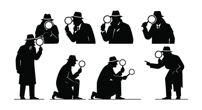 Silhouette figures with magnifying glasses investigating searching and exploring mysteries