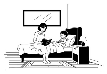 mother reading bedtime story to child in bedroom line art vector