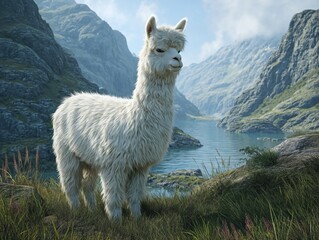 Fototapeta premium Majestic white alpaca standing proudly by a serene mountain lake, evoking feelings of peace and adventure, perfect for travel or nature-themed campaigns