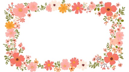 Pastel colored blossoms and foliage create a decorative rectangular border shape on a white background