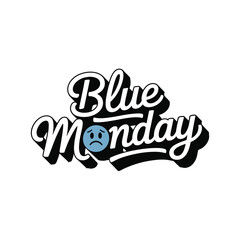 Blue Monday text design with sad face icon on white background