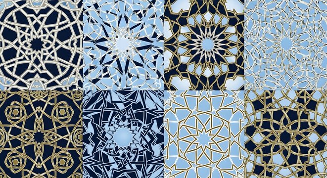 A collection of eight intricate Islamic geometric patterns in shades of blue, gold, and white.