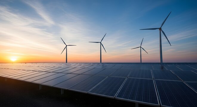 Renewable energy solar panels and wind turbines at sunset - Powered by Adobe