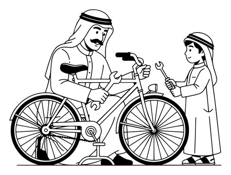 Arab father and son repairing bicycle vector illustration portraying family bonding and teamwork with tools in traditional clothing outline style