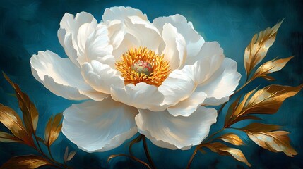 White Peony Oil Painting with Gold Leaves on Teal Textured Background &ndash; Luxury Botanical Wall Art