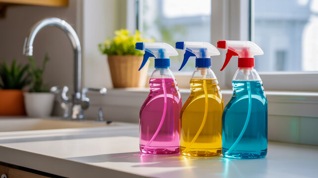Three colorful spray bottles of cleaning solution sitting on a kitchen counter near a sink