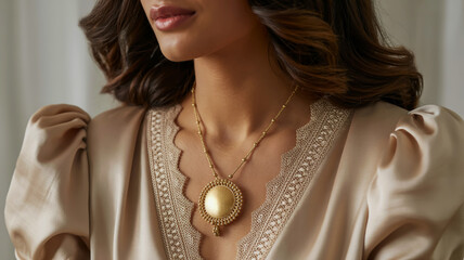 Close up of a woman wearing an ornate gold locket pendant necklace with silk top