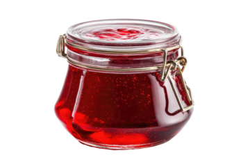 A glass jar filled with sparkling red preserves