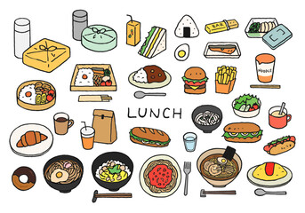 ランチ・昼食にまつわる手描きイラストセット