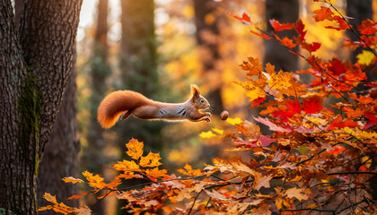 Red squirrel mid-air, leaping between autumn trees, collecting a nut