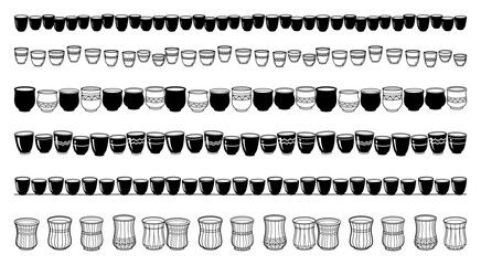 Set of hand drawn Indian tea glasses and clay cup borders vector illustration of traditional kitchenware and chai vessels arranged in decorative lines