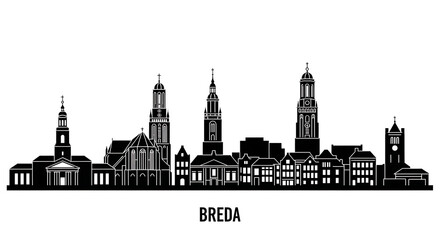 Obraz premium Stylized Breda City Skyline Black Vector Showing Downtown Architecture, Silhouetted Historic Buildings, Urban Landmarks, Minimalist Monochrome Silhouette, and Clean Netherlands Cityscape Illustration