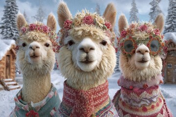 Obraz premium Festive Alpaca Trio in Winter Wonderland