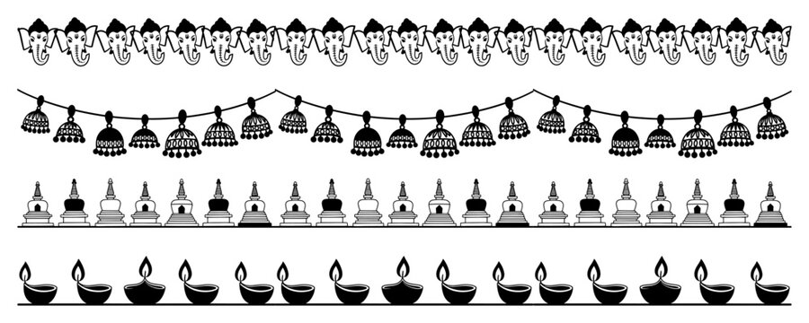 Decorative Indian religious borders vector illustration featuring Lord Ganesha heads temple domes hanging bells and diya lamps for festival page dividers