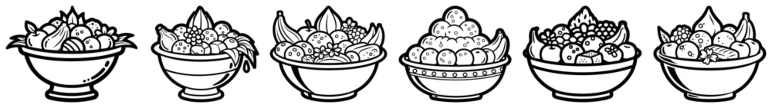 Traditional Indian Offering Bowls With Fruits And Sweets Line Art Vector Set