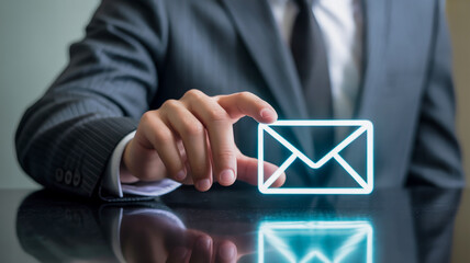 Businessman hand holding glowing email icon representing digital communication and contact
