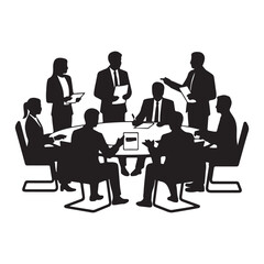 Professional Business Team in Strategy Meeting Around Conference Table with Laptops and Documents Silhouette Illustration