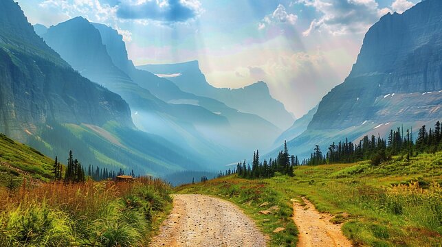 A mountain valley view with a dirt path winding through green fields, bathed in sunlight
