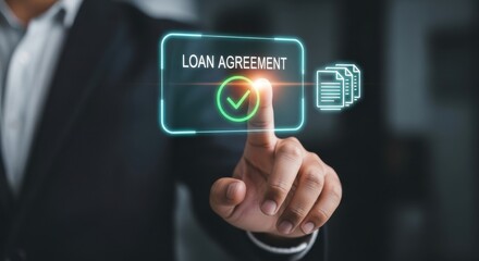 Fototapeta premium Man clicks on a loan agreement icon on a virtual screen with his finger