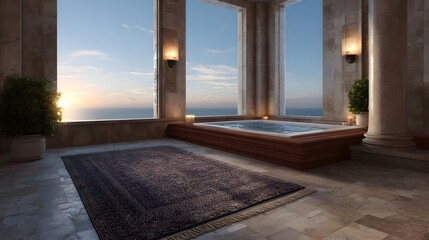 Fototapeta premium Elegant spa terrace with a luxurious jacuzzi and a breathtaking ocean sunset view featuring stone architecture and ambient lighting