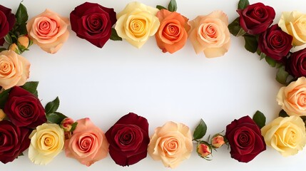 Assortment of colorful blooming roses frames a central copy space on a white surface