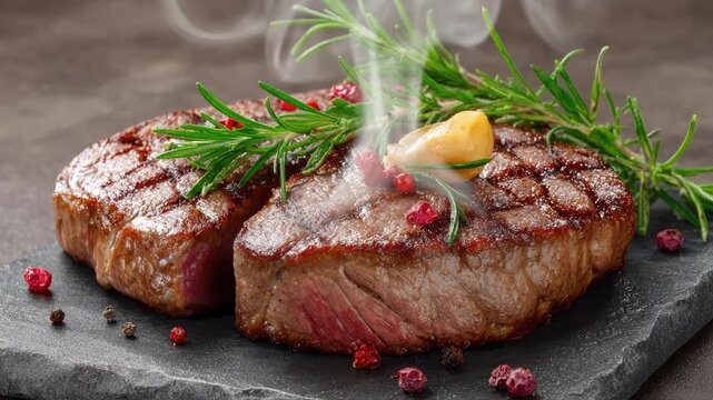 A close-up, mouth-watering shot showcases two perfectly cooked, sizzling meat cuts, elegantly presented on a dark slate serving plate. Vibrant green sprigs of rosemary, a plump golden garlic clove, an