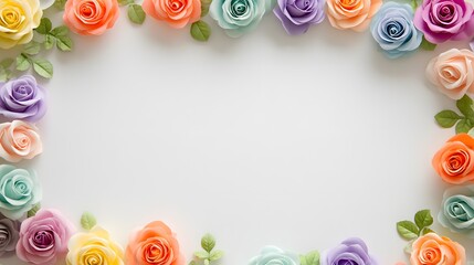 Pastel colored paper roses form a delicate border around a bright, empty central space