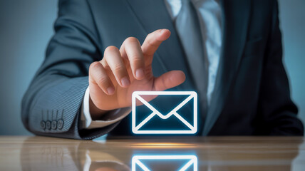 Businessman hand touching glowing email icon representing digital communication and message sending