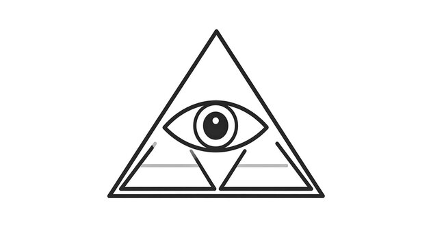 Black & white geometric symbol. An eye within a triangle, atop a foundation with lines. Represents enlightenment or surveillance