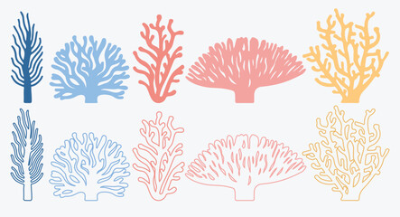 Coral set. Ten stylized coral silhouettes in trendy colors. Vector illustration isolated on a light gray background. Decor, design element.
